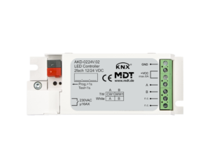 KNX LED Controller CC/CV 30 W / 230 V 2-Channel. Version with integrated power supply in compact design. Constant current LED controller with max. output current of 700 mA. Optimised Hybrid dimming for a better Light quality. Comprehensive Application, absolute und relative Dimming. Dim range von 0,2 % to 100 %. Perfect dim behaviour over the entire dimming range. Maximum output power 30 W over both channels. Max output current 700 mA. Constant current selectable via DIP switch. Tunable White colour temperature control. Selectable Dim curve, individual sequences. Operation mode: 2x white, Tunable White. Automatic colour temperature control Dim2Warm. Dynamic daylight control HCL. Automatic time dependent dimming. Day / Night Function. Overcurrent and temperature monitoring. Secondary connection up to 6 m. Integrated power supply in compact design. Dimensions (W x H X D): 129 mm x 54 mm x 25 mm. 3 Year warranty.