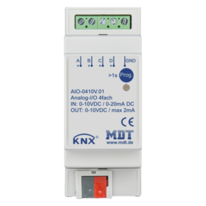 KNX Analog I/O 4-fold, 2SU MDRC, 0-10 V, In-/Output shiftable. Suitable as analog output to control ventilation systems and other systems with 0-10 V input. Also useful as an analog input to engage rotation speed or other 0-10 V values. Each channel can be configured independently (In-/output). In/outputs are galvanically isolated from the bus. In/outputs are galvanically connected together. Voltage for output operation is generated inside the actuator. No external power supply required. Input operation 0-10 V / 2-10 V or 0-20 mA / 4-20 mA (switchable). - Adjustable conversation of measuring unit and DPT. - Min/max function, wire breakage detection. - Threshold and traffic light function. Output functions 0-10 V: - Control by 1 Byte, 2 Byte or 1 Bit objects. - Day/night function to limit control value. - Emergency mode if given value fails. Quick application download (long frame support for ETS5). 3 year warranty.